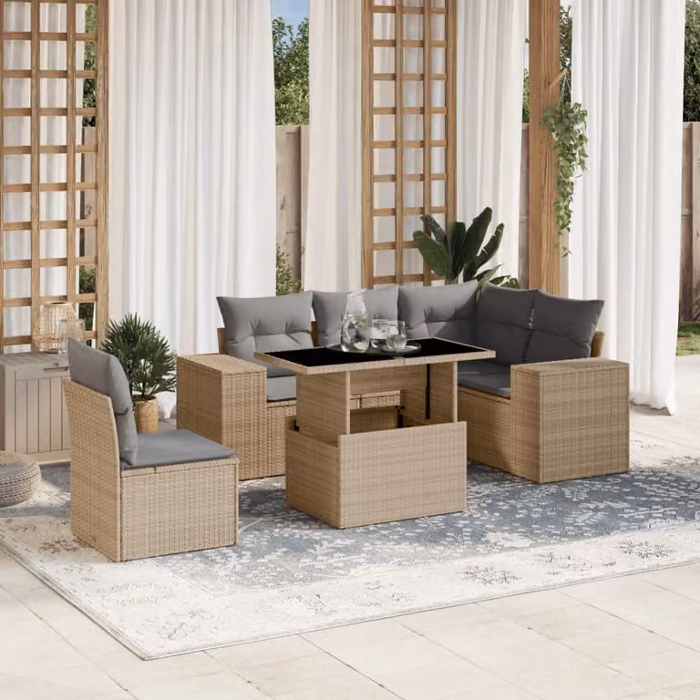 Set Divano da Giardino L-Shape vidaXL 6 pz con Cuscini Beige e Tavolino in Polyrattan e Metallo