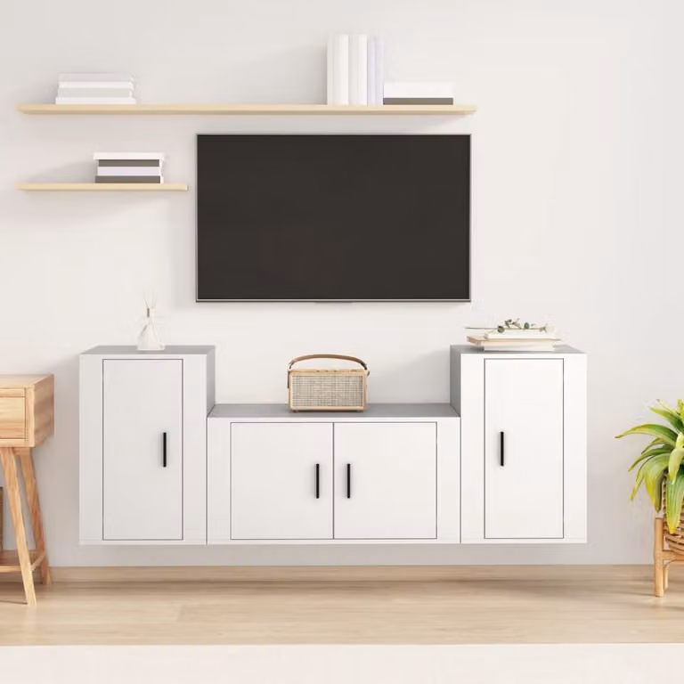 Set di mobili porta TV vidaXL in legno multistrato bianco, design classico a parete per soggiorno, 3 pezzi