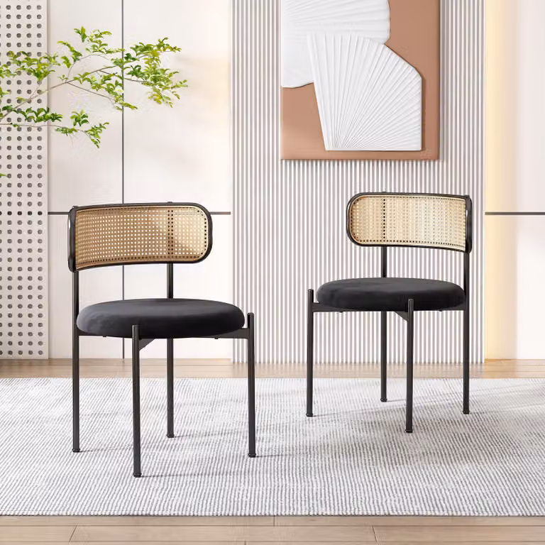 Sedia da pranzo in velluto, set da 2, design moderno e semplice, sedia da relax con quattro gambe in metallo, sedia da relax in rattan, adatta per soggiorno e camera da letto, colore nero