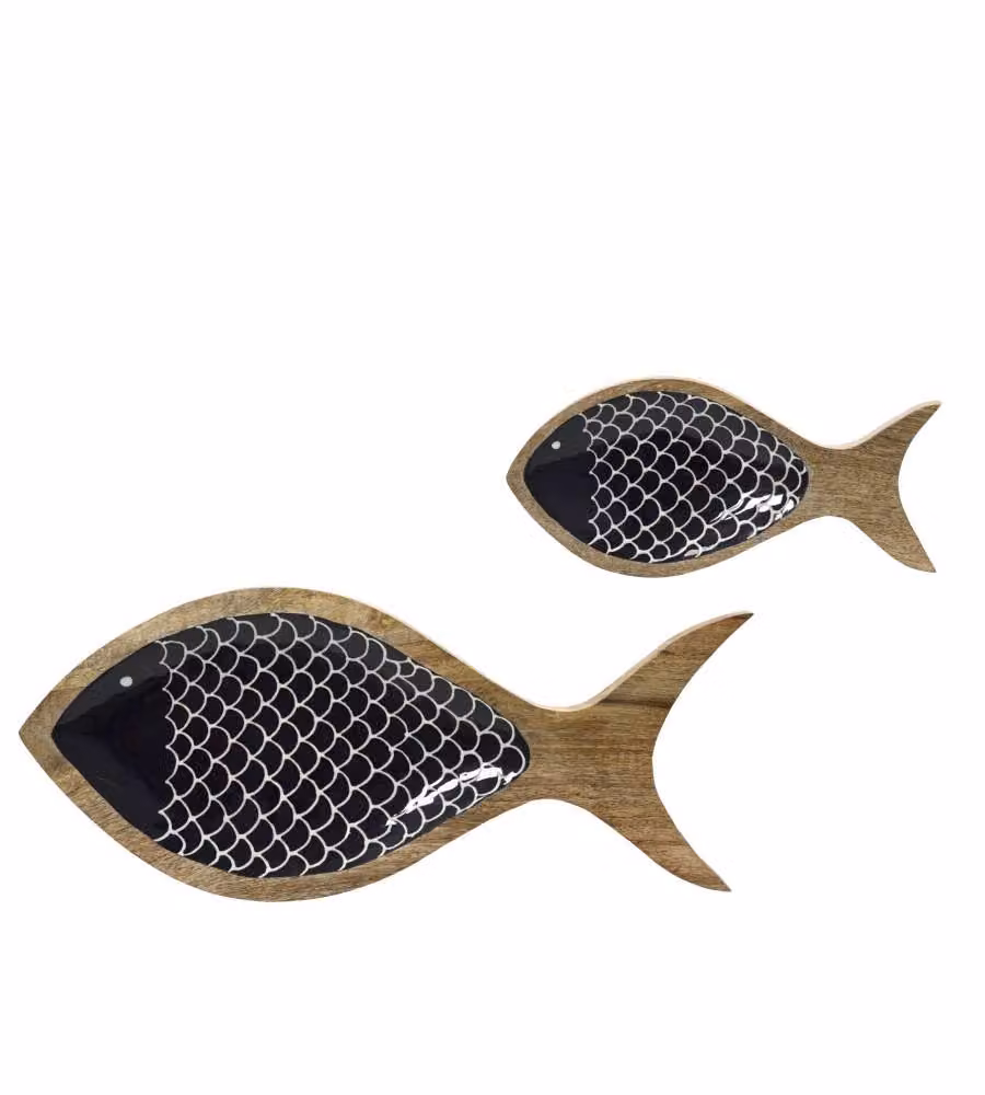 Vassoio in Legno di Mango Decoro Pesce Blu - Piccolo - 24x11x2,5 cm