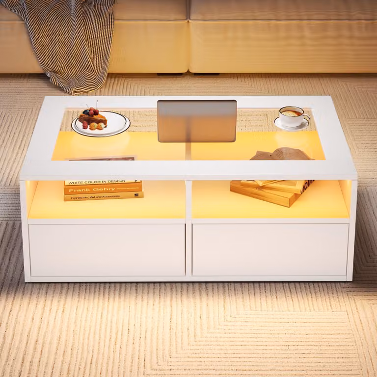 100×50×35 cm Tavolino da salotto con illuminazione a LED, tavolino da divano con 2 cassetti, tavolino da salotto in vetro, tavolino da tè