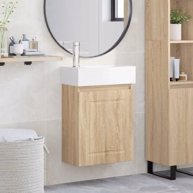 Mobile bagno moderno vidaXL in legno rovere e ceramica bianca, sospeso, L: 45,5 cm, P: 22,5 cm, H: 84 cm – 1