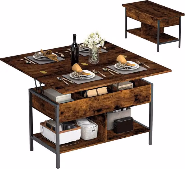 Tavolino da salotto elevabile ed estensibile con vano nascosto e ripiani aperti, marrone rustico, salvaspazio per soggiorno, 98x49x55cm