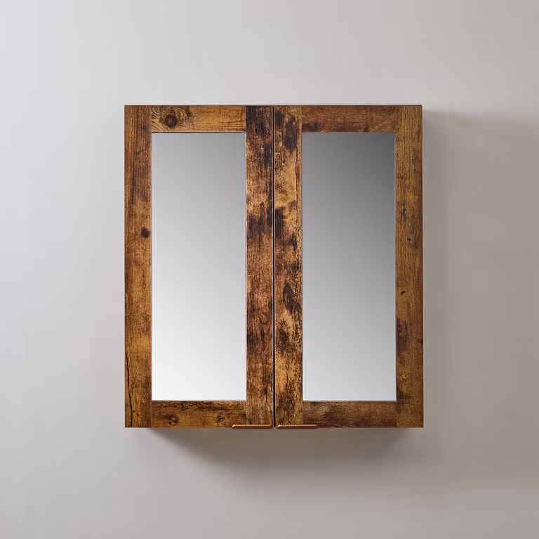 Mobiletto a Specchio da 900mm x 650mm Rovere Scuro - Completo di Maniglie con Impugnature a Dito Rame Satinato - Cluo