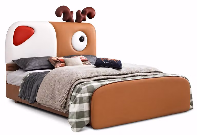 Letto per bambini bianco-marrone in pelle, letto per adolescenti di alta qualità, mobili per bambini