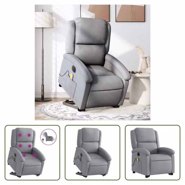 The Living Store Poltrona massaggiante elettrica con ausilio per la posizione eretta Tessuto grigio chiaro