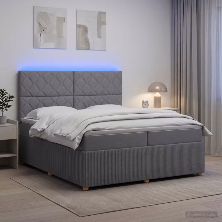 Letto Box Spring vidaXL con Materasso Ibrido e Illuminazione LED sotto il letto, Grigio Chiaro e Bianco, 200 x 200 cm