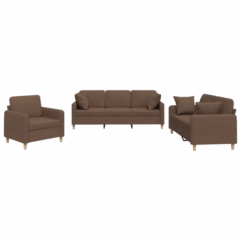 Set di Divani 3 pz con Cuscini Marrone in Tessuto