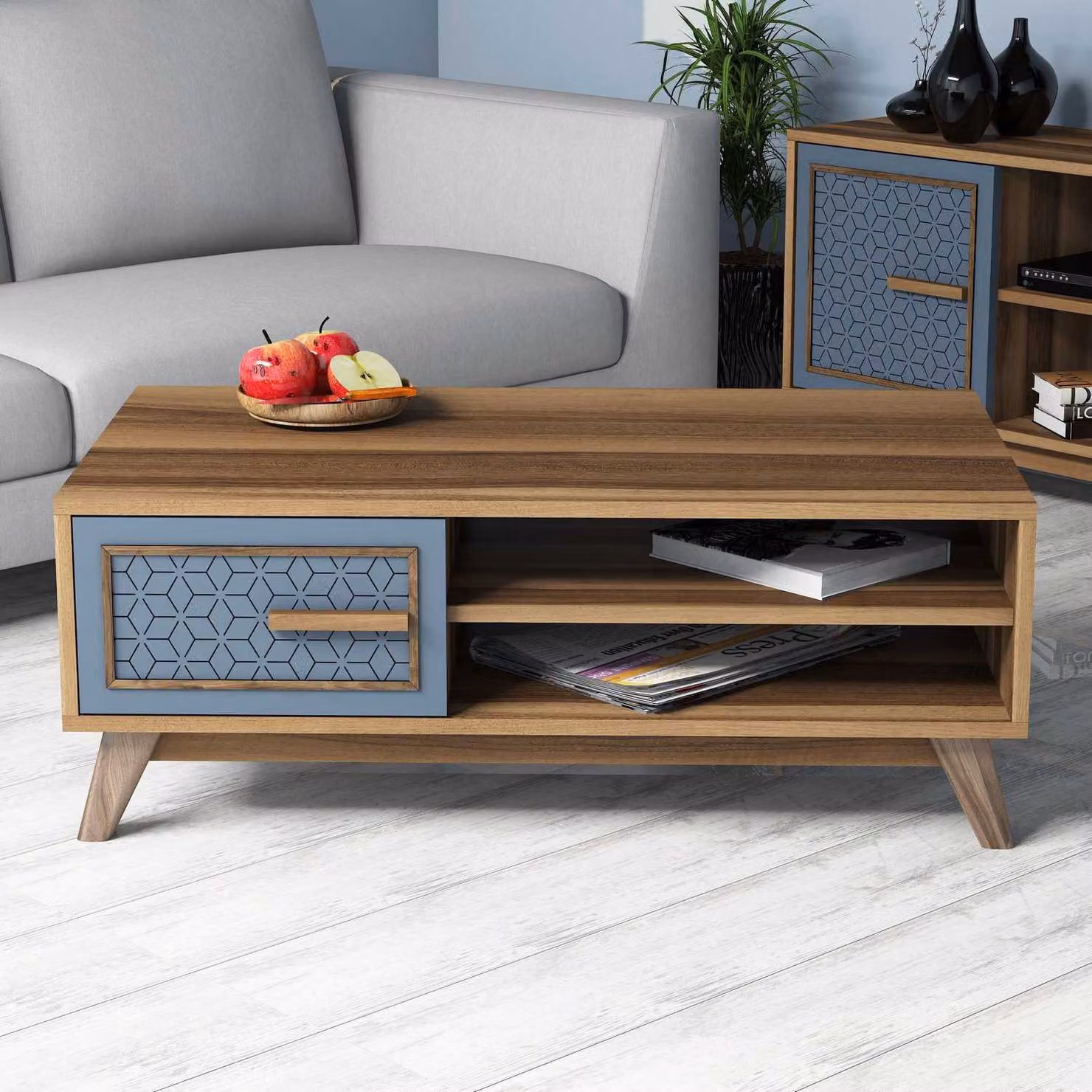 Skye Decor, Ayla - Noce, Blu, Tavolino, Noce, 100% PANNELLI DI PARTICELLE RIVESTITI IN MELAMMINA, 105 x 60 x 38,2 cm
