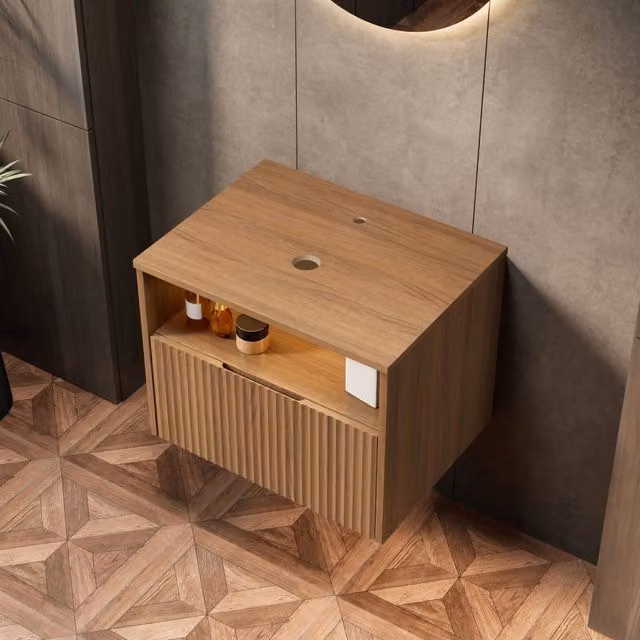 Armadietto da bagno sospeso con cassetto frontale in legno massello per bagno in compensato con finitura rovere marrone