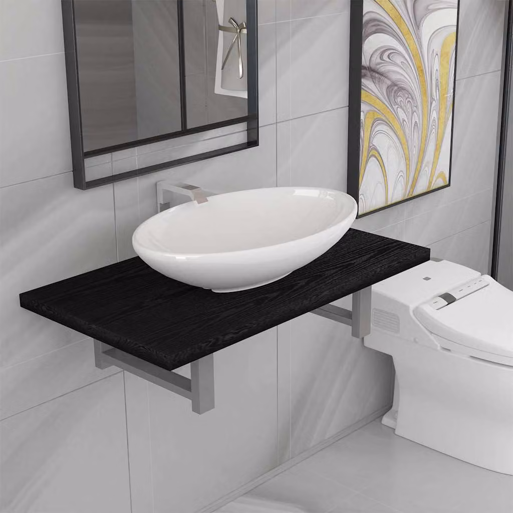 Set Mobili da Bagno Moderno vidaXL in Ceramica e Legno, 2 Pezzi, Nero e Bianco, Appesi a Parete