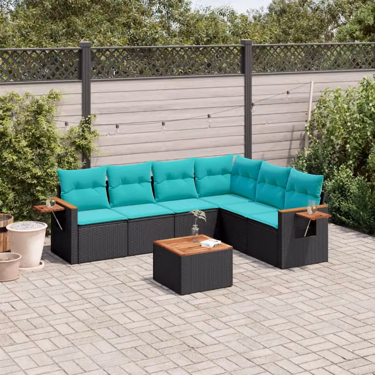 Set di divani da giardino vidaXL a forma di L composto da 7 pezzi con cuscini, tavolino e poltrone in polyrattan nero con coperture rimovibili e tessuto resistente ai raggi UV
