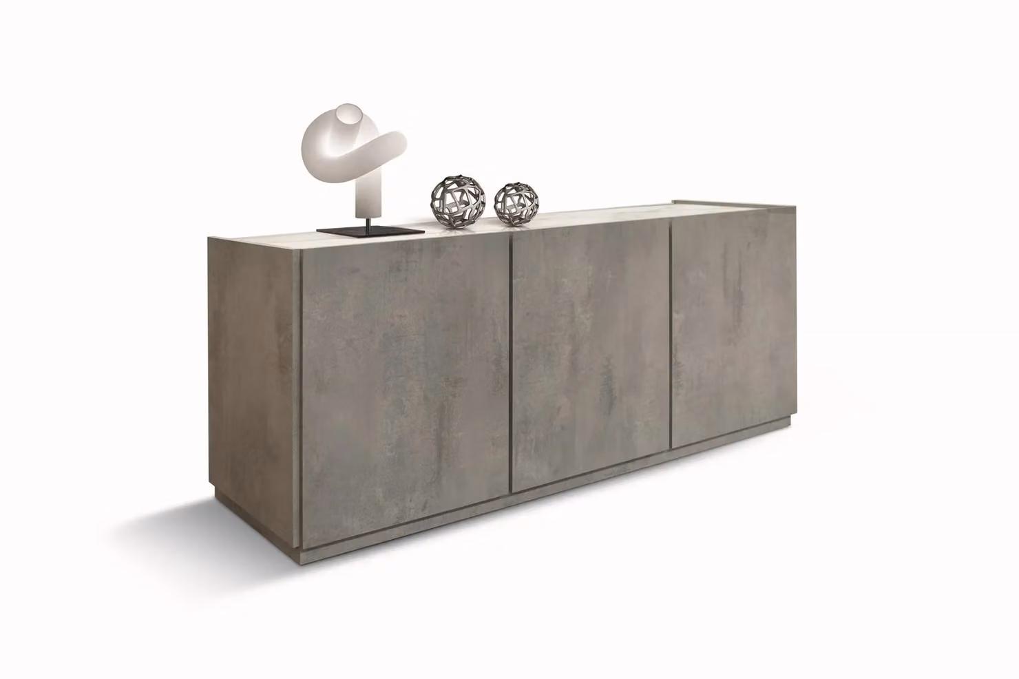 Credenza FAVIGNANA in legno, finitura in grigio cemento, piano effetto marmo statuario, 200×50 cm