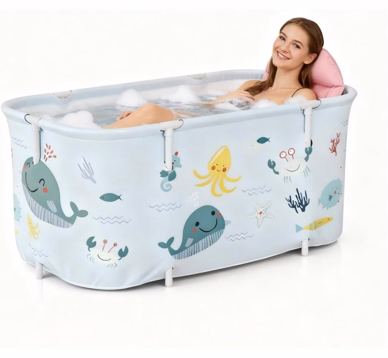 Vasca da bagno pieghevole, dimensioni 140x50x55 cm, con cuscino e schienale, impermeabile, per uso domestico