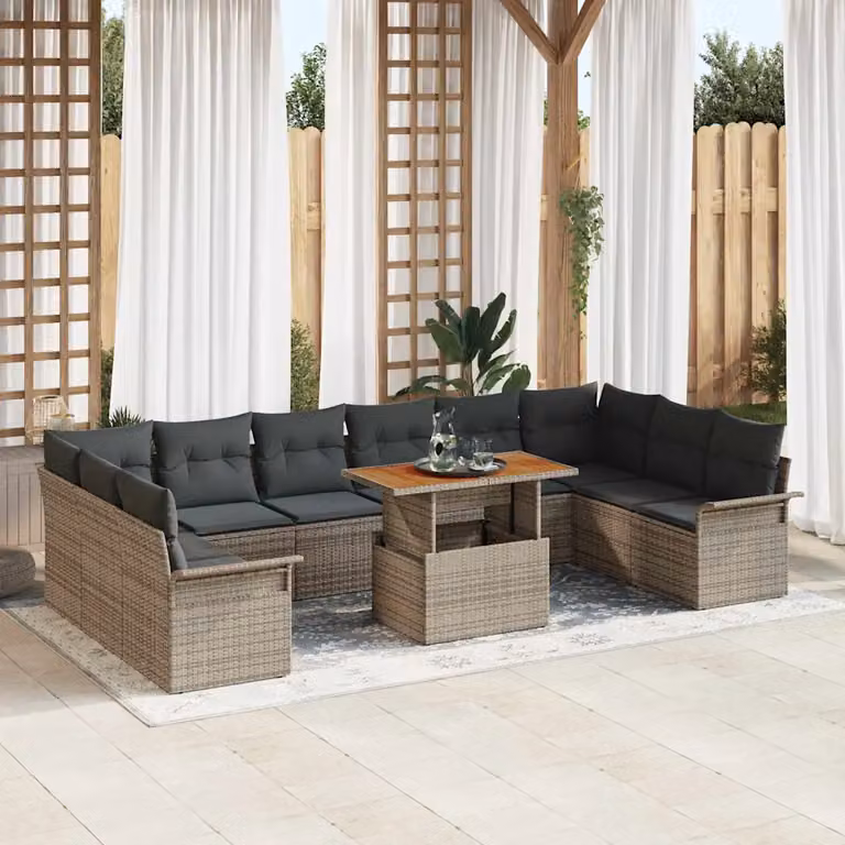 Set Divano da Giardino vidaXL 11 Pezzi in Poly Rattan Grigio con Tavolino e Cuscini