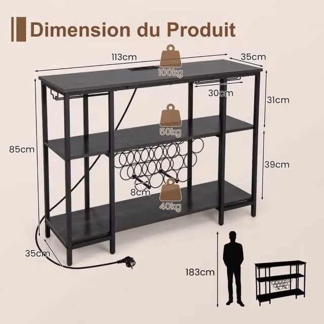 Mobile Bar Portabottiglie per 15 Bottiglie con Portabicchieri Prese AC e USB Mobile Cantinetta Vino Stile Industriale Grigio