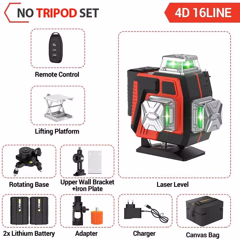Livella laser 4D - Livella laser a 16 linee, con incrocio laser - Autolivellamento automatico a 360° in orizzontale e verticale - Raggio verde, portata 10 metri - Spina di tipo europeo - Con custodia in tela