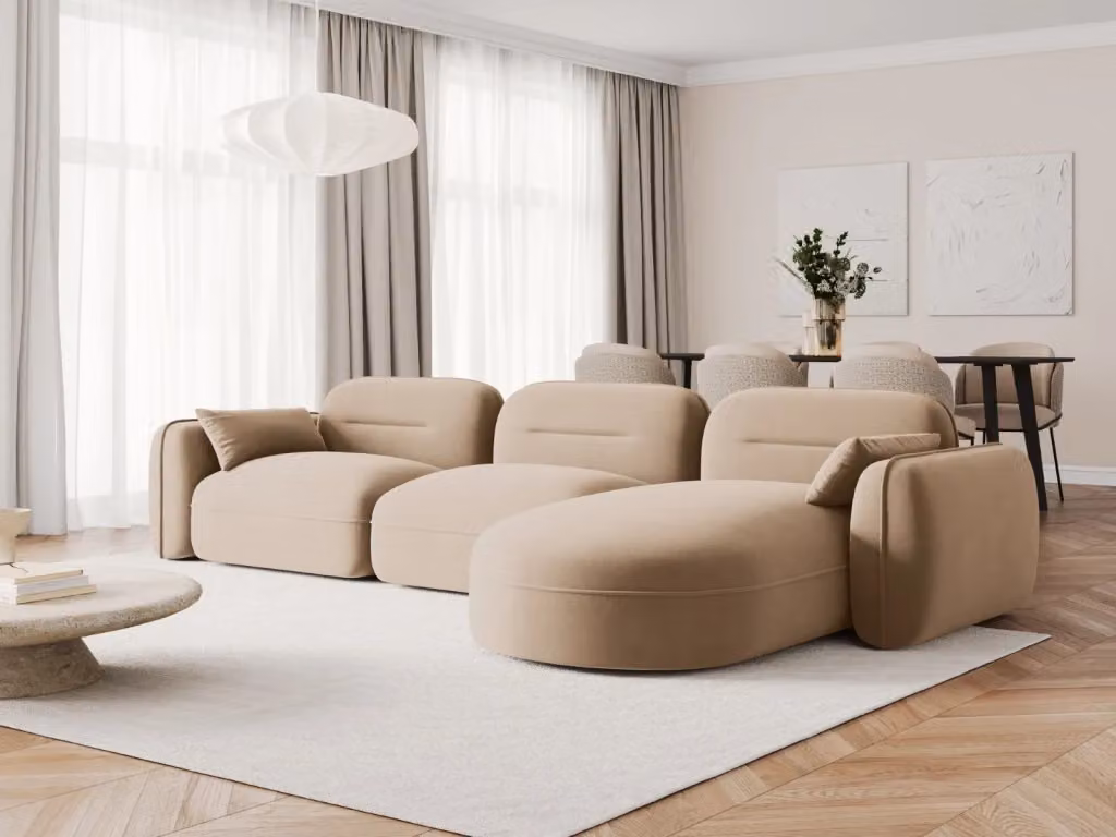 Divano angolare modulare Sydney Cosmopolitan Design a 4 posti in velluto color sabbia, configurazione destra L/P/H: 320 x 165 x 70 cm – 2