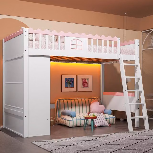 Letto a castello per bambini WISHDOR in legno di pino e MDF con illuminazione LED, armadio e cassetto, L/P/H: 200 x 90 x 160,8 cm, bianco o rosa