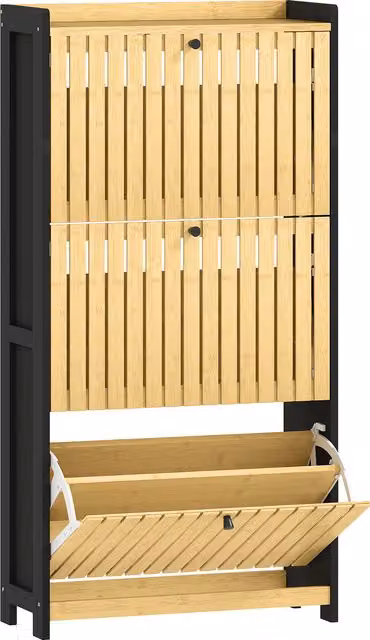 Scarpiera HOMCOM con 3 cassetti ribaltabili e ante a griglia in bambù, Nero e legno naturale, L: 60 cm, P: 24 cm, H: 118 cm – 1