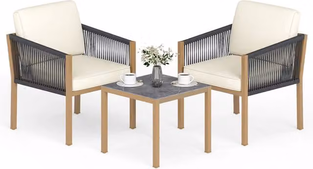 Set bistro da esterno 3 pezzi con corde intrecciate e cuscini, Tavolo e sedie per patio balcone terrazza e giardino Beige