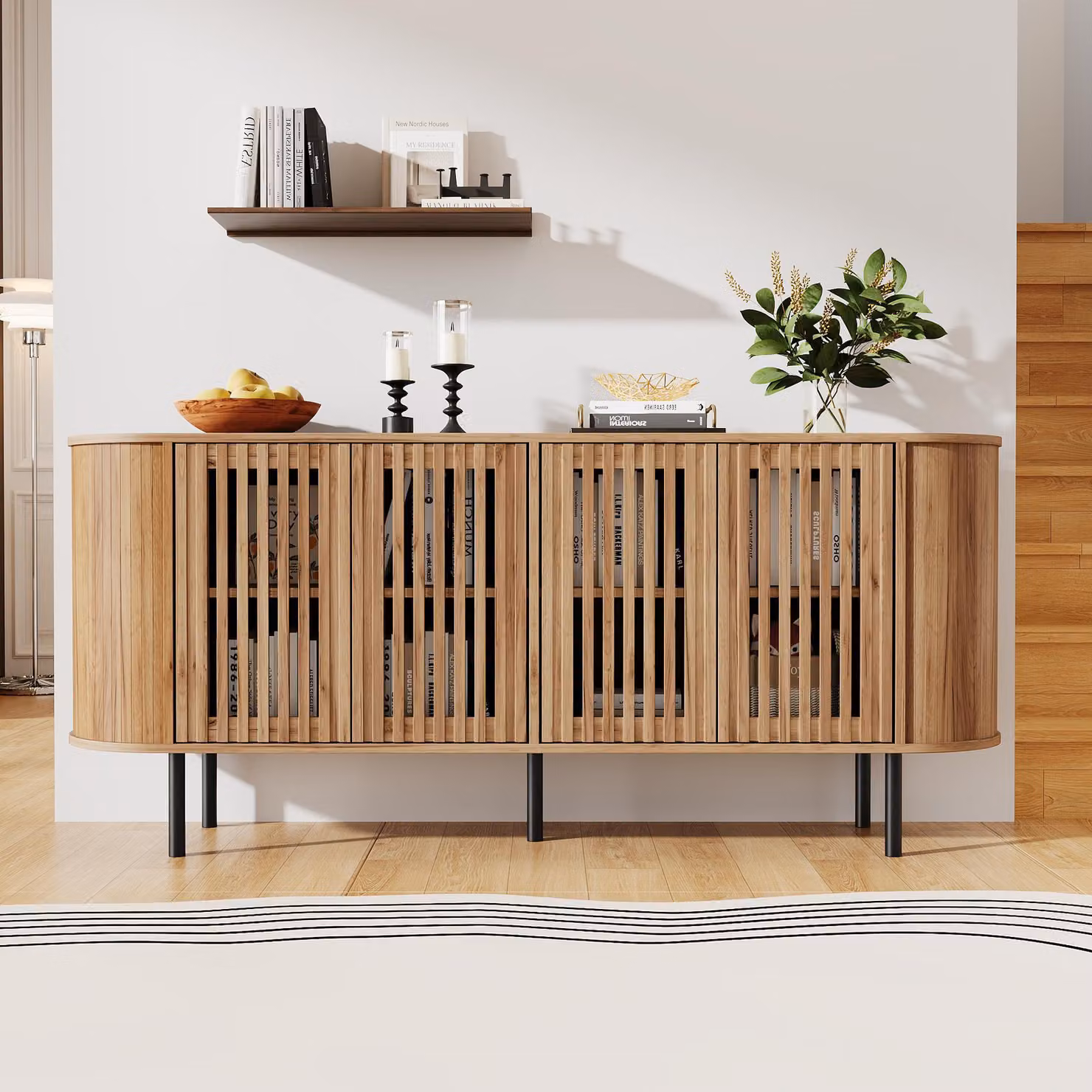 Mobile contenitore laterale Merax con 4 ante scorrevoli forate, armadio contenitore con ripiani interni regolabili, mobile buffet in MDF, gambe in metallo, colore naturale