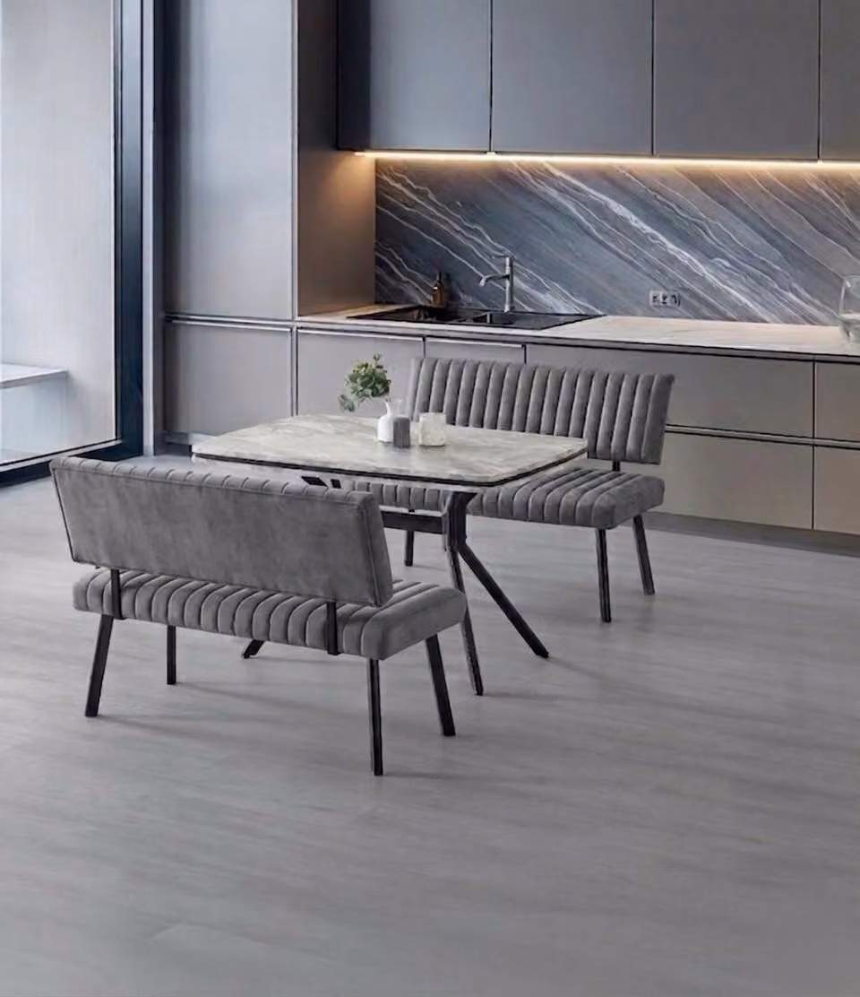 Set per sala da pranzo: tavolo da pranzo, 2 panche, stile marmo, grigio, elegante, confortevole, moderno