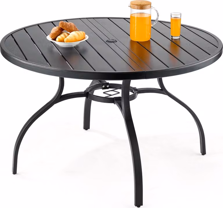 Tavolo da giardino - Tavolo rotondo per patio e balcone - Ø 120 cm, altezza 72,5 cm - Acciaio al carbonio - Impermeabile - Foro per ombrellone 38 mm - Portata 68 kg - Nero