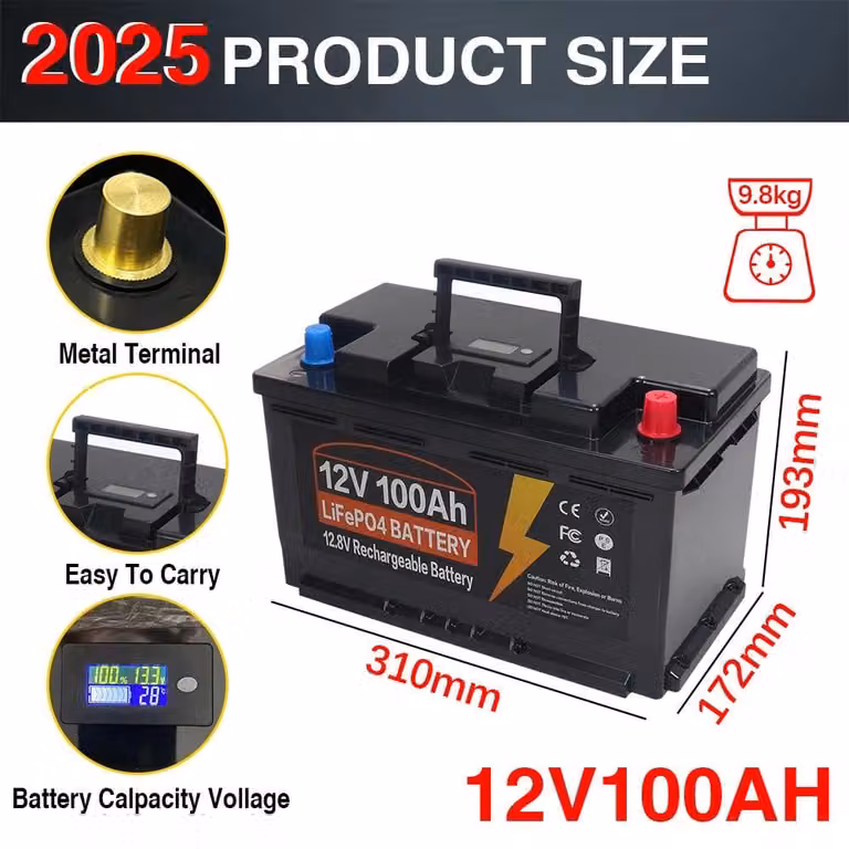 Batteria LiFePO4 - Batteria al litio - Batteria al litio e fosfato di ferro - Batteria al litio - 12V 100AH - Con BMS integrato