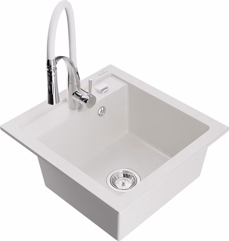 Mexen Vito lavello in granito a 1 vasca con rubinetto da cucina Aster, bianco - 6503-20-73450-02