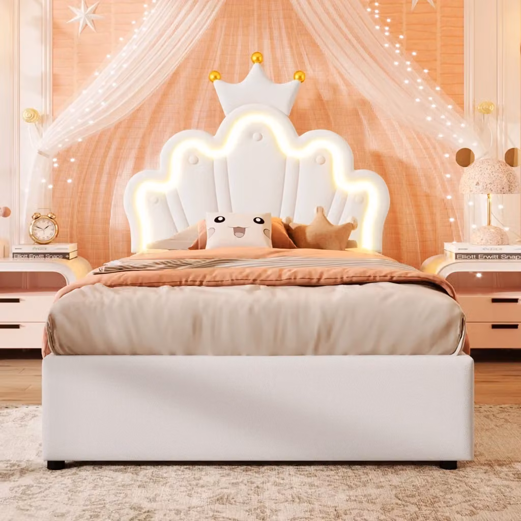 Letto singolo OKWISH con contenitore idraulico, illuminazione LED multicolore e testiera regolabile, rivestimento in similpelle bianco, L/P/H: 90 x 200 x 91.5 cm – 2