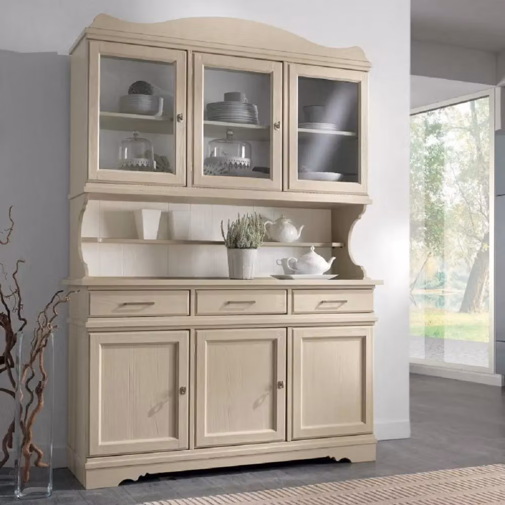 Cristalliera shabby chic in legno massello di Mobili 2G con 6 ante e 3 cassetti, colore avorio opaco, L: 155 cm, P: 52 cm, H: 213 cm – 2