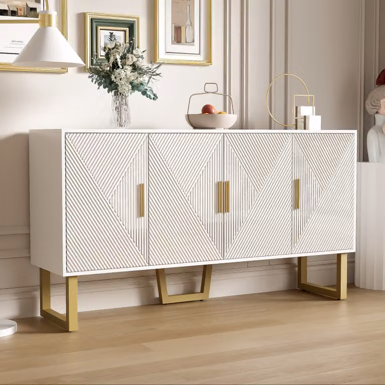 MODFU Mobile da cucina con ante testurizzate lucide e maniglie dorate, modello a 4 ante, ripiani regolabili in altezza, per soggiorno o camera da letto, bianco