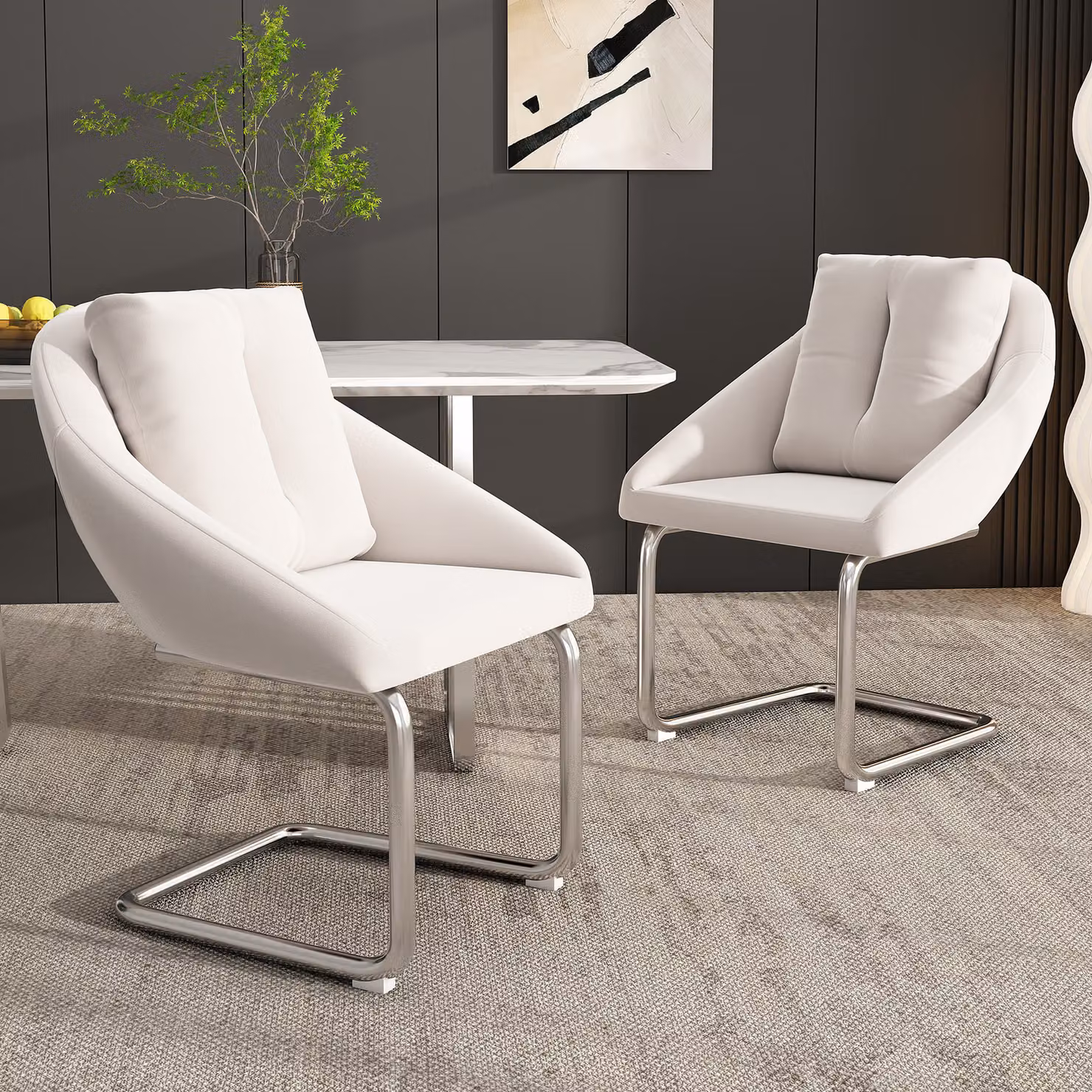 Set di 2 sedie per sala da pranzo Flieks, sedia da cucina a sbalzo con cuscino, sedia imbottita da soggiorno con rivestimento in velluto, beige