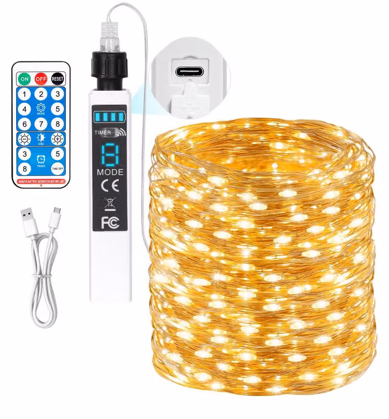 Catena luminosa a LED, 20 metri, 200 LED bianco caldo, ricaricabile, con telecomando