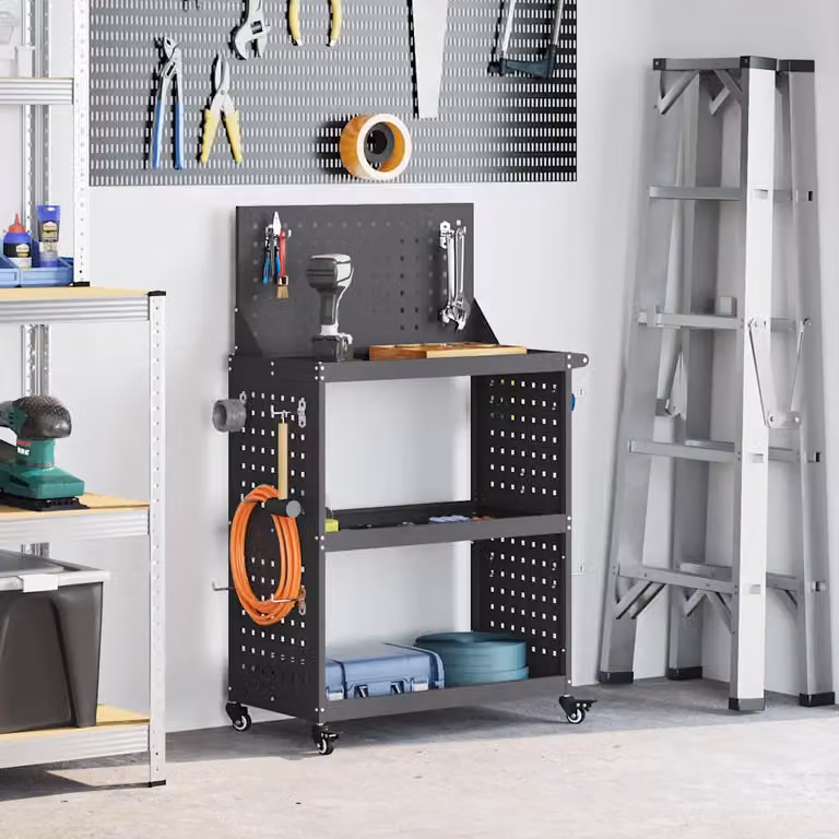 vidaXL Carrello per Attrezzi in Acciaio con Scaffale Nero, Gommato e Bloccabile, L/P/H: 65 x 35 x 111 cm