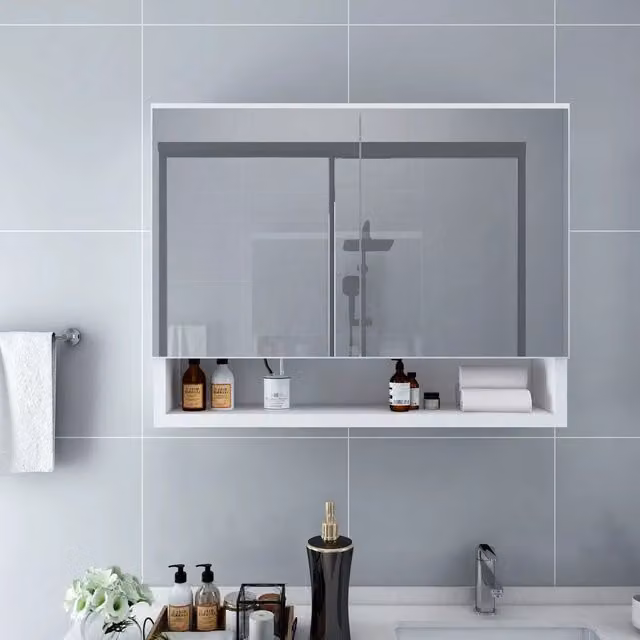 Armadietto da bagno con specchio e illuminazione LED vidaXL, Bianco e Argento, L: 80 cm, H: 60 cm, P: 15 cm – 1