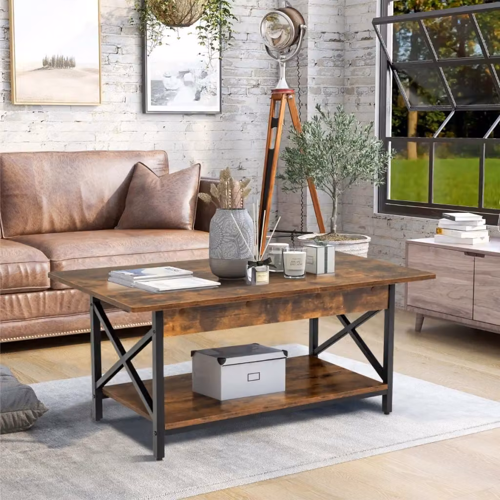 Tavolino da caffè industriale Design Mania con ripiano a 2 livelli in legno e metallo marrone L/P/H: 60 x 48 x 95 cm – 2