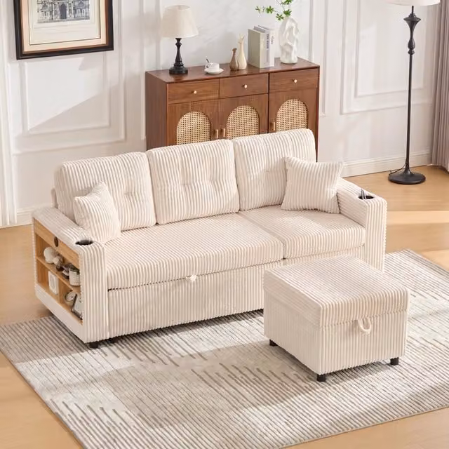 Desviae Divano Letto con Contenitore, USB-C, LED, Portabicchieri e Braccioli Larghi in Corda Beige