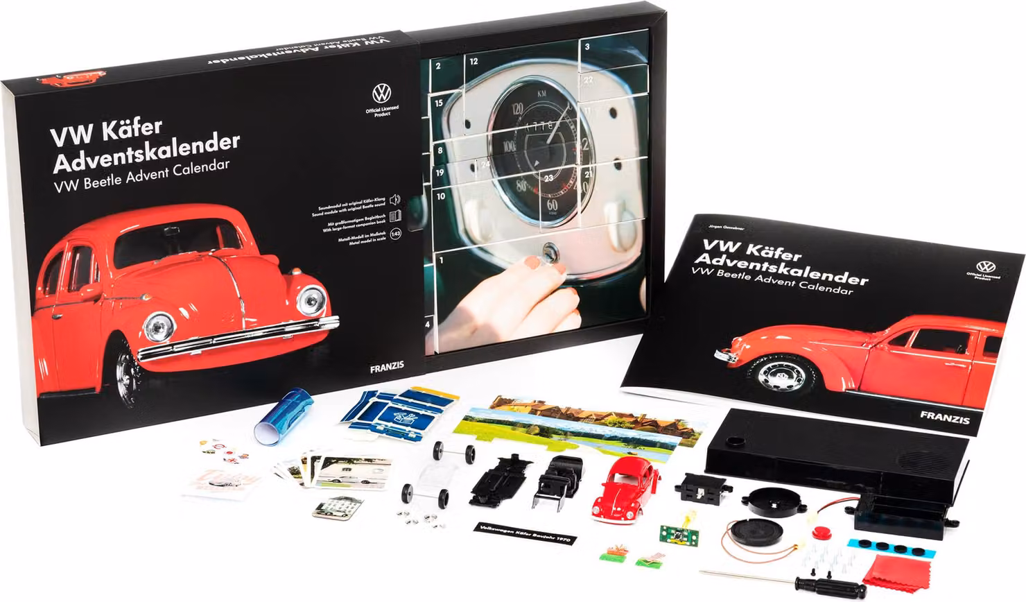 FRANZIS 55255 - VW Maggiolino calendario dell'Avvento rosso, modellino in metallo in scala 1:43, incl. modulo sonoro e libro di accompagnamento di 52 pagine