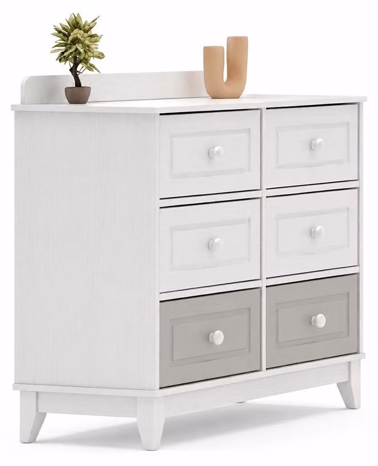 Comodino moderno per cameretta dei bambini, con sei cassetti, bianco e grigio