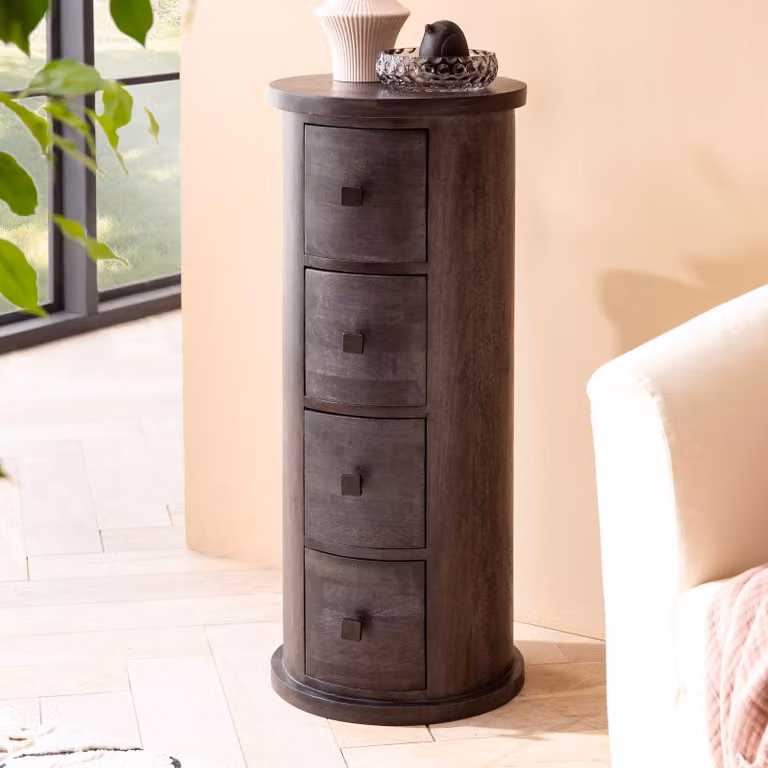 Mobile contenitore laterale FineBuy, 85 cm, in legno massello di mango, nero, con cassetti. Mobiletto stretto, compatto, mini-comodino, design rotondo