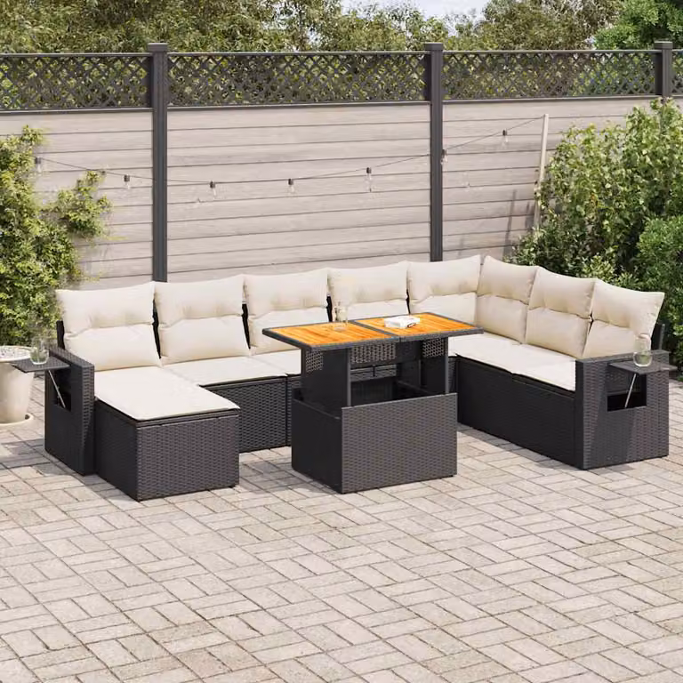 Set Divani da Giardino vidaXL 9 pz in Polyrattan con Cuscini e Tavolino, Colore Nero e Bianco
