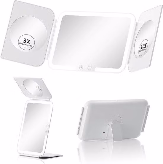 Splendido specchio da trucco a tripla illuminazione con batteria da 5000 mAh, ingrandimento 1x/3x/10x, specchio da viaggio ultrasottile con 3 tonalità di luce e diverse impostazioni di altezza
