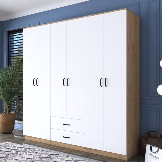 Armadio da camera da letto DMORA moderno con ante a battente, ripiani interni e appendiabiti, L/P/H: 210 x 210 x 210 cm, Bianco e Marrone Rovere – 1