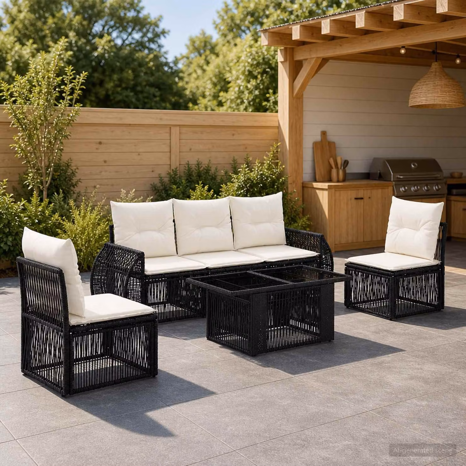 Set Divano da Giardino vidaXL 6 Pezzi Moderno in Polyrattan Nero e Bianco Crema con Cuscini e Tavolino