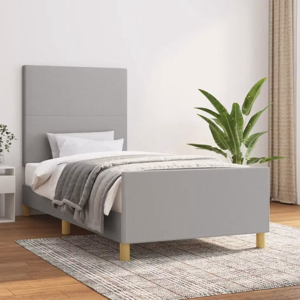 Letto singolo per adulti in tessuto grigio con struttura in legno di larice e MDF, L/P/H: 100 x 200 x 128 cm – 2