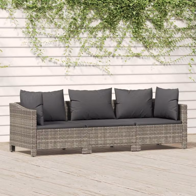 The Living Store Set di 3 pezzi da giardino con cuscini in poly rattan grigio