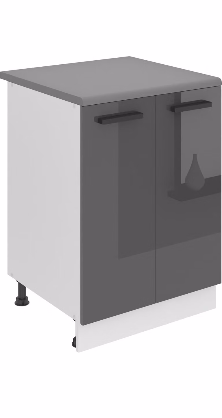 Base da cucina Belini, base da cucina larga 60 cm. SD2 Base per cucina con piano di lavoro. Mobile da cucina a 2 ante, argento lucido
