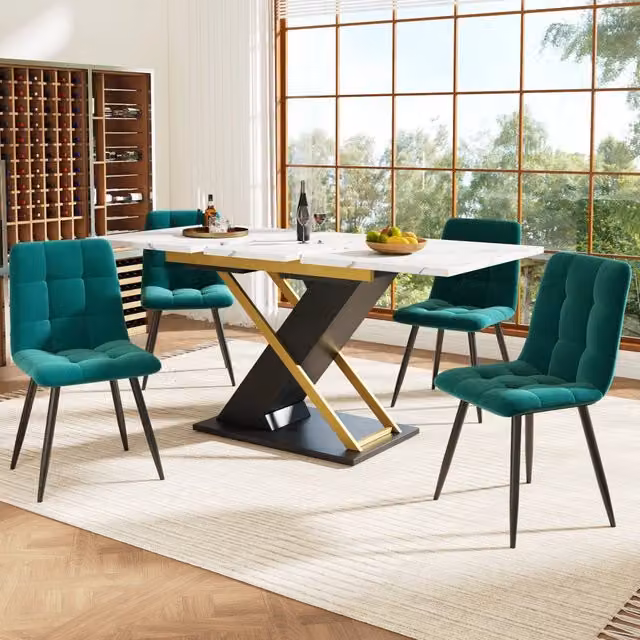 Tavolo da pranzo allungabile con piano in MDF effetto marmo e gambe incrociate nero 120 × 80 × 75.4 cm